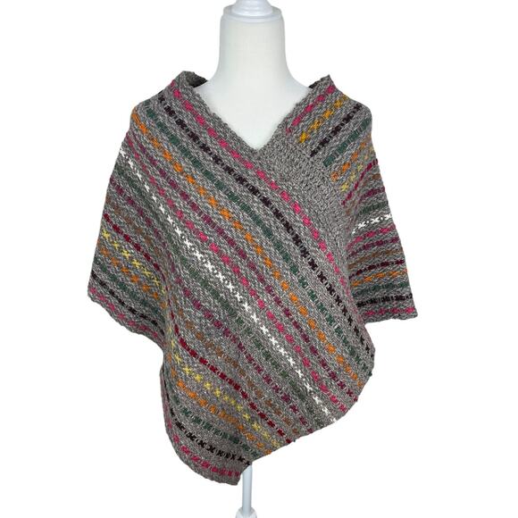 Handmade Sweaters - Handmade Wool Knit Poncho Striped Colorful Boho Hippie Gray Multicolor Size S/M